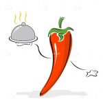 Red Pepper Cartoon Waiter with Steamy Serving Tray